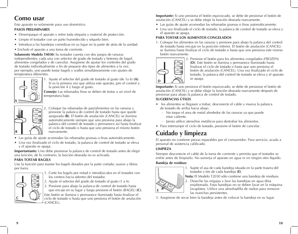 Como usar, Cuidado y limpieza | Black & Decker T2030 User Manual | Page 6 / 13