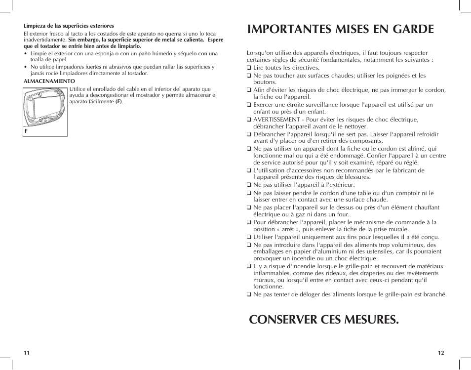 Importantes mises en garde conserver ces mesures | Black & Decker T2030 User Manual | Page 7 / 13