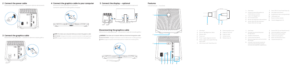 Features, Disconnecting the graphics cable, Connect the display — optional | 5connect the graphics cable to your computer, 2connect the graphics cable, 3connect the power cable | Dell Alienware 15 (Early 2015) User Manual | Page 2 / 2