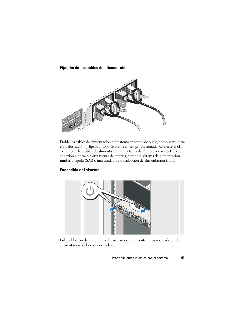 Fijación de los cables de alimentación, Encendido del sistema | Dell PowerVault NX300 User Manual | Page 43 / 54