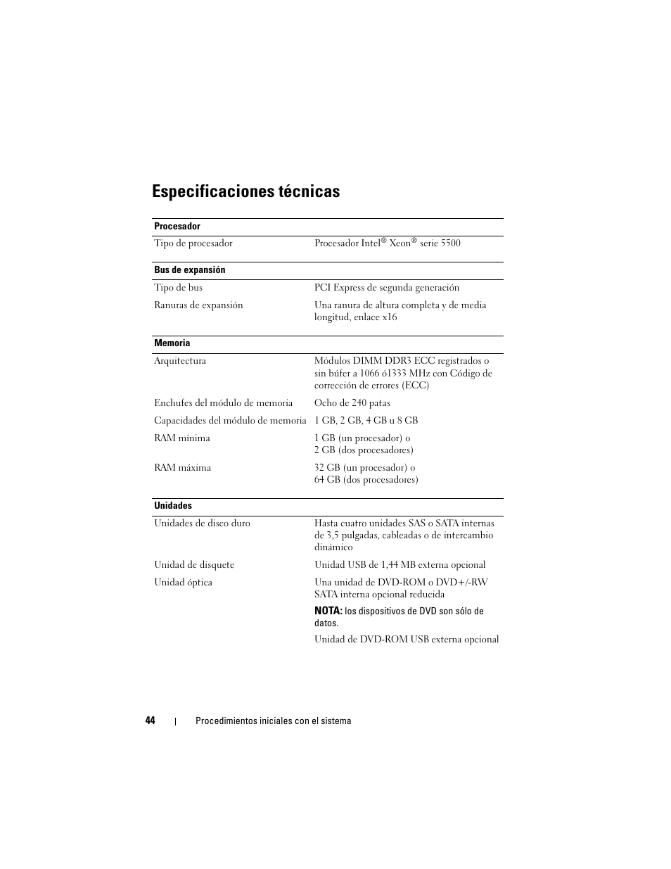 Especificaciones técnicas | Dell PowerVault NX300 User Manual | Page 46 / 54