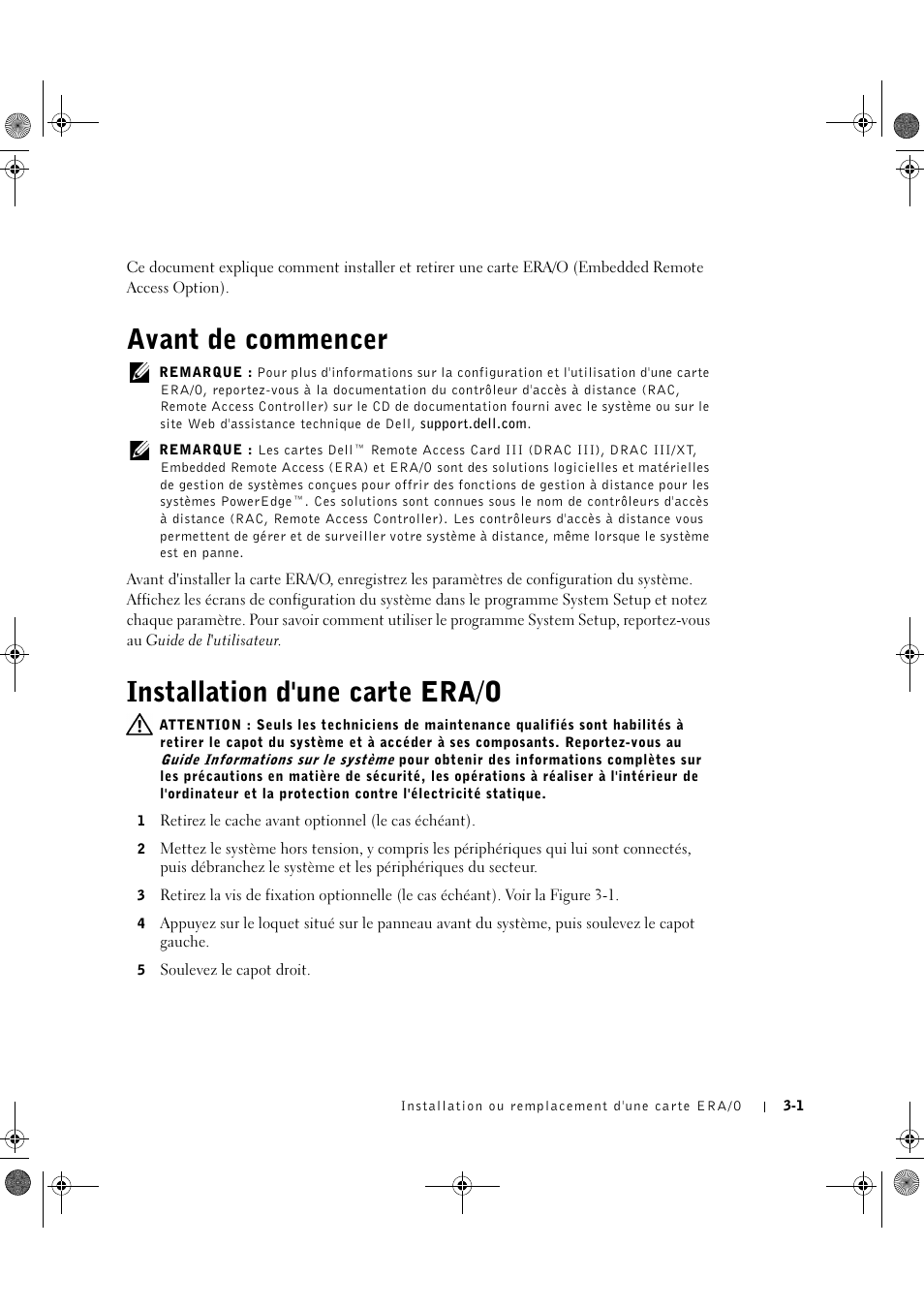 Avant de commencer, Installation d'une carte era/o | Dell PowerEdge 1750 User Manual | Page 25 / 82