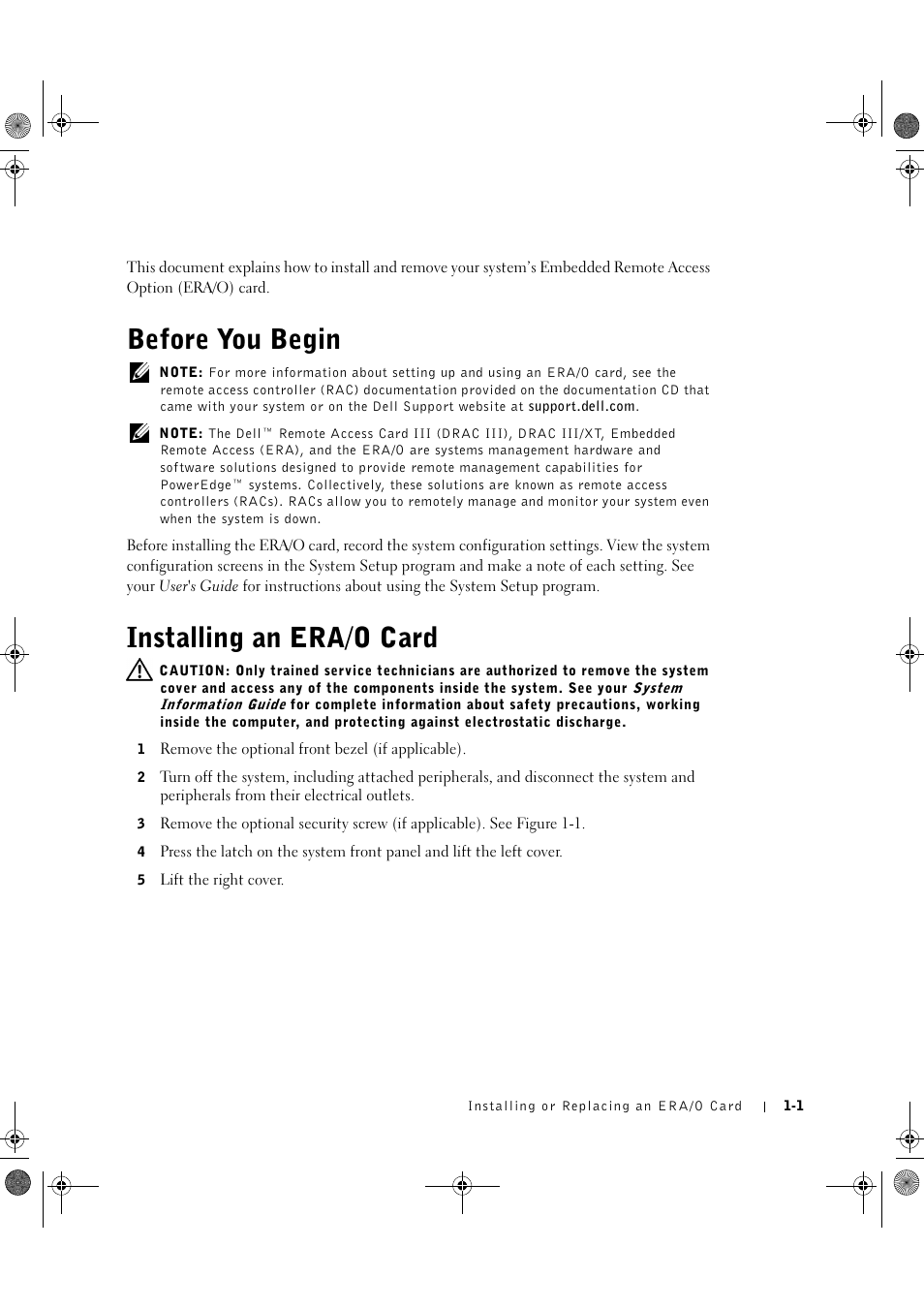 Before you begin, Installing an era/o card | Dell PowerEdge 1750 User Manual | Page 5 / 82