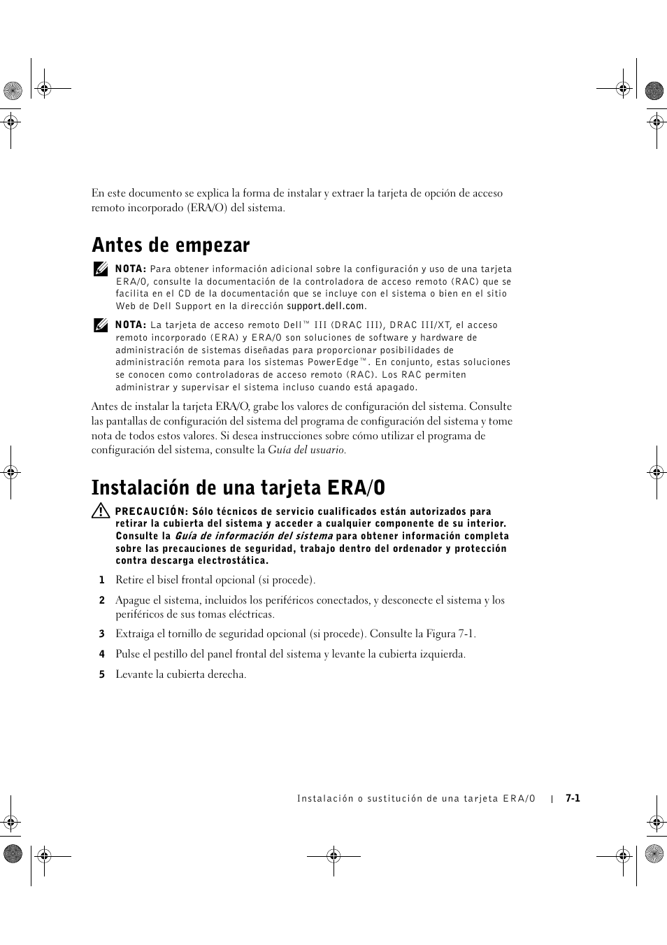 Antes de empezar, Instalación de una tarjeta era/o | Dell PowerEdge 1750 User Manual | Page 65 / 82