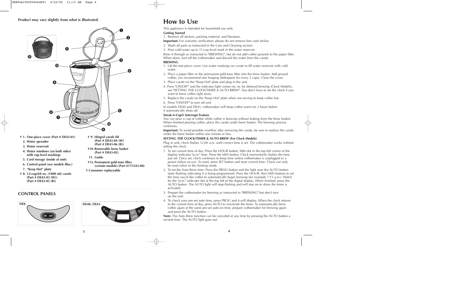 How to use, Control panels | Black & Decker DE40 User Manual | Page 3 / 13