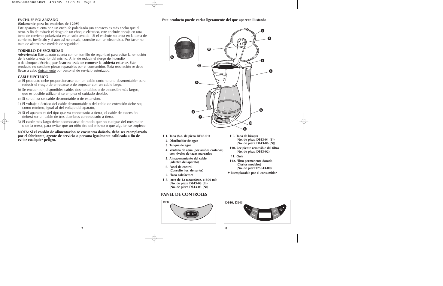 Panel de controles | Black & Decker DE40 User Manual | Page 5 / 13