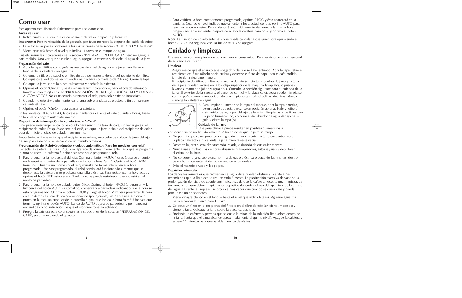 Como usar, Cuidado y limpieza | Black & Decker DE40 User Manual | Page 6 / 13