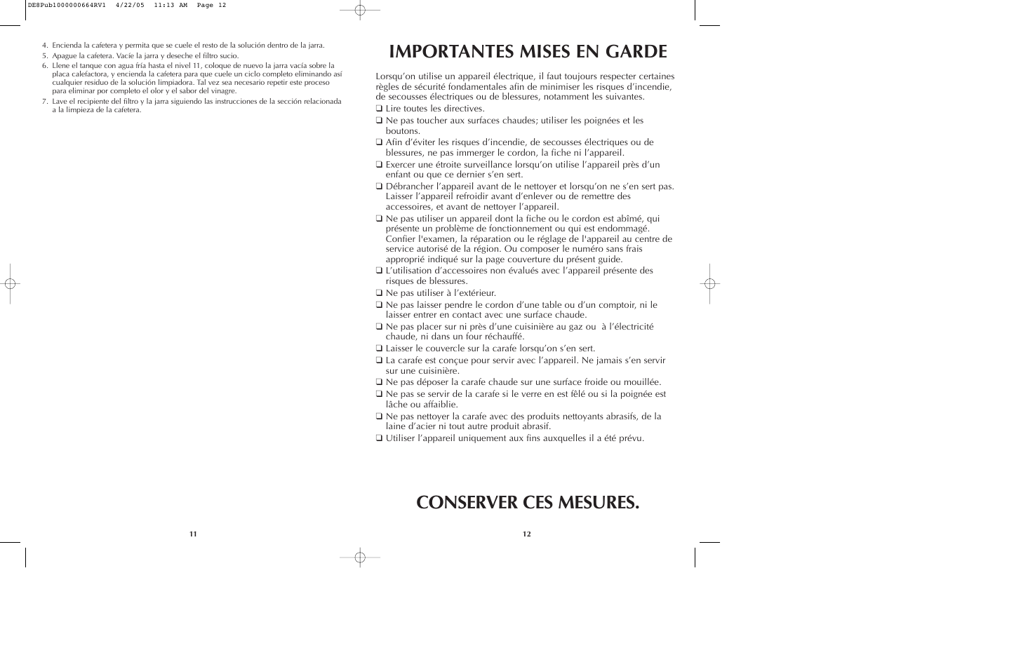 Importantes mises en garde conserver ces mesures | Black & Decker DE40 User Manual | Page 7 / 13