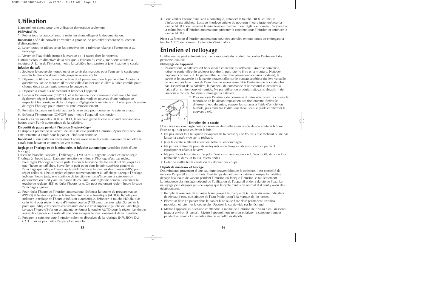 Utilisation, Entretien et nettoyage | Black & Decker DE40 User Manual | Page 9 / 13
