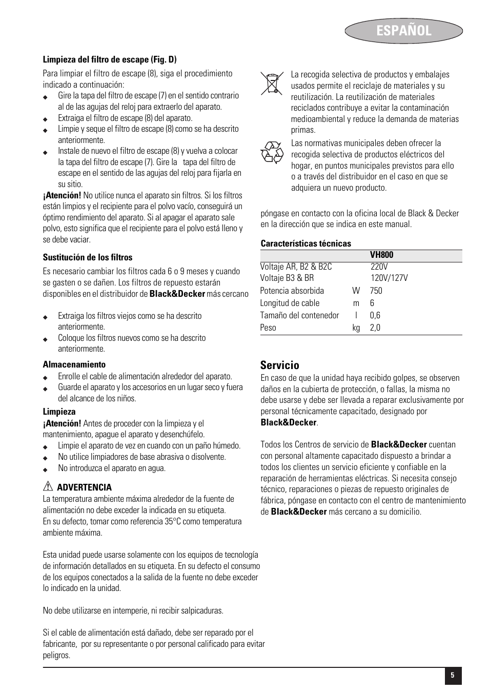 Español, Servicio | Black & Decker 188214-00 User Manual | Page 5 / 13