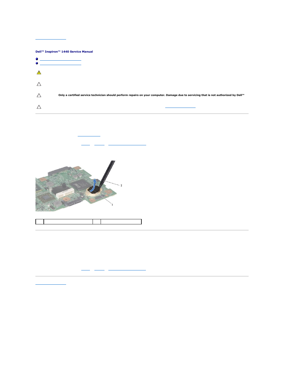 Coin-cell battery, Removing the coin-cell battery, Replacing the coin-cell battery | Dell Inspiron 1440 (Mid 2009) User Manual | Page 12 / 47