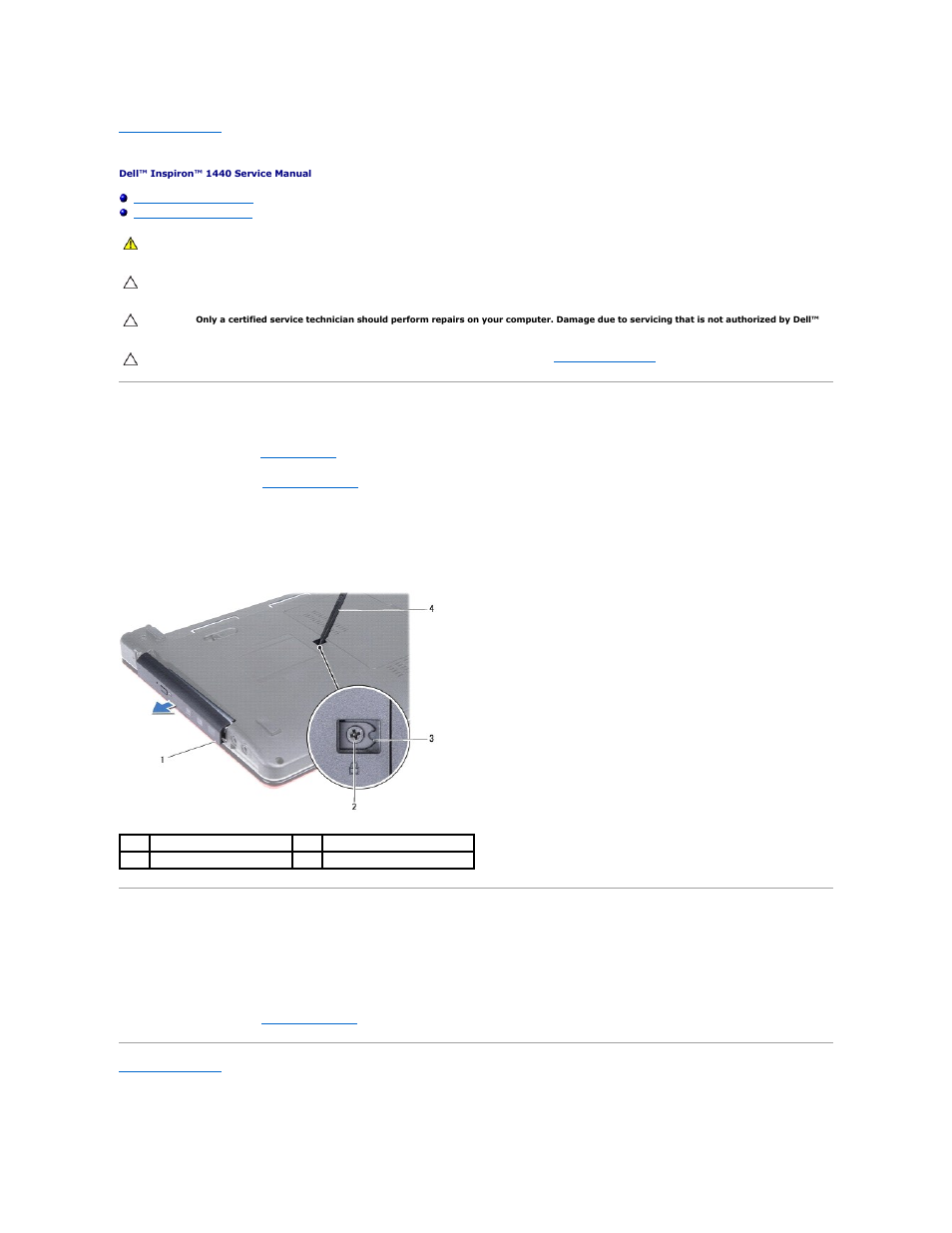 Optical drive, Removing the optical drive, Replacing the optical drive | Dell Inspiron 1440 (Mid 2009) User Manual | Page 33 / 47