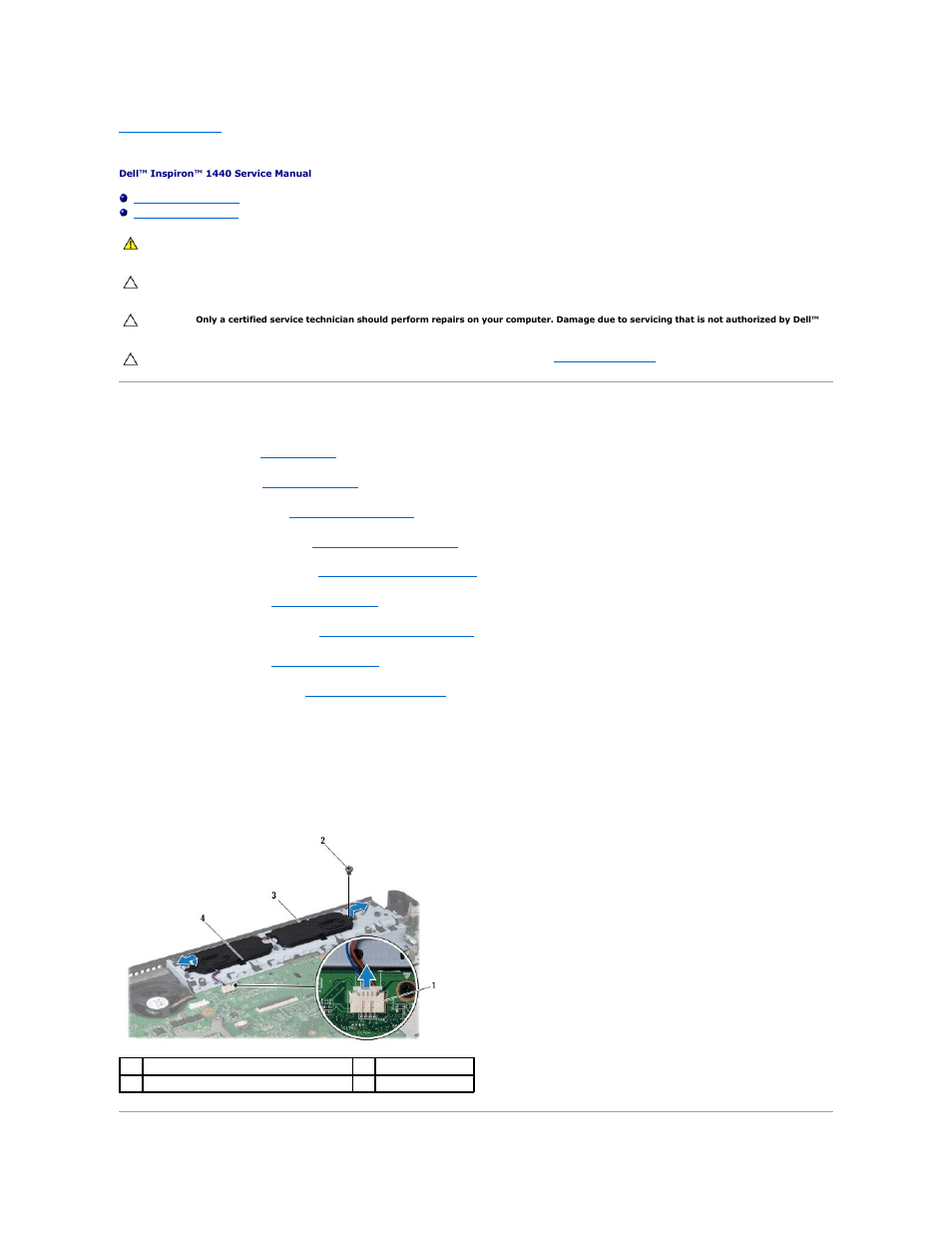 Speakers, Removing the speakers | Dell Inspiron 1440 (Mid 2009) User Manual | Page 40 / 47