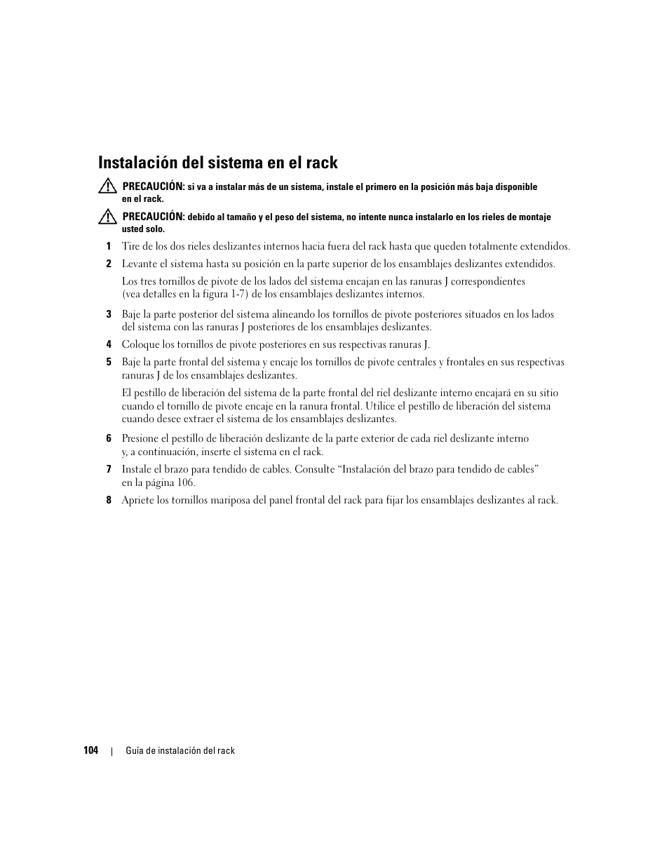 Instalación del sistema en el rack | Dell POWEREDGE 2950 User Manual | Page 106 / 112