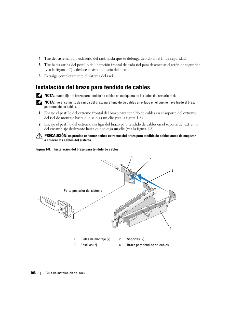 Instalación del brazo para tendido de cables | Dell POWEREDGE 2950 User Manual | Page 108 / 112