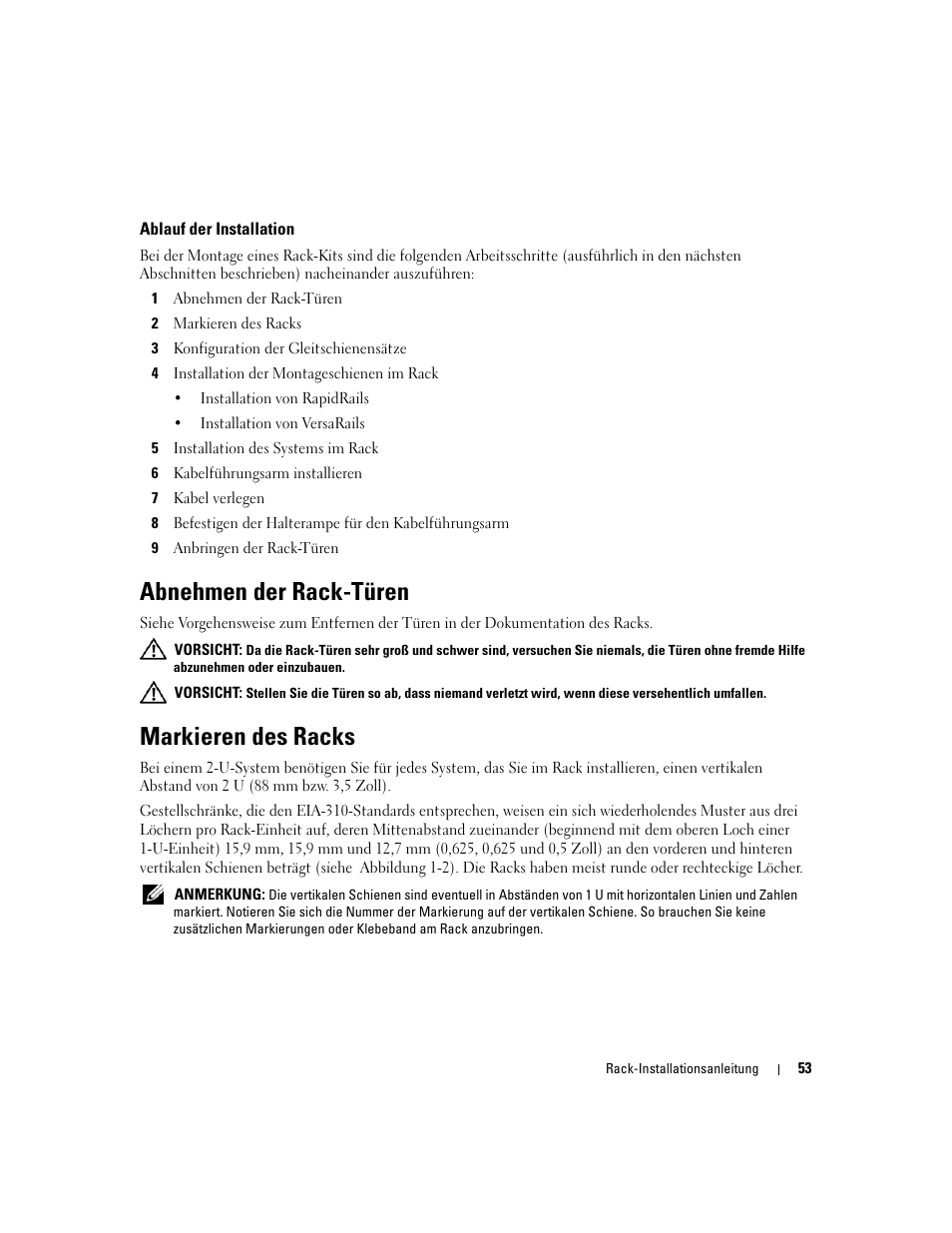 Ablauf der installation, Abnehmen der rack-türen, Markieren des racks | Dell POWEREDGE 2950 User Manual | Page 55 / 112