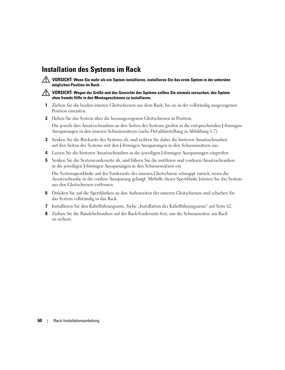 Installation des systems im rack | Dell POWEREDGE 2950 User Manual | Page 62 / 112