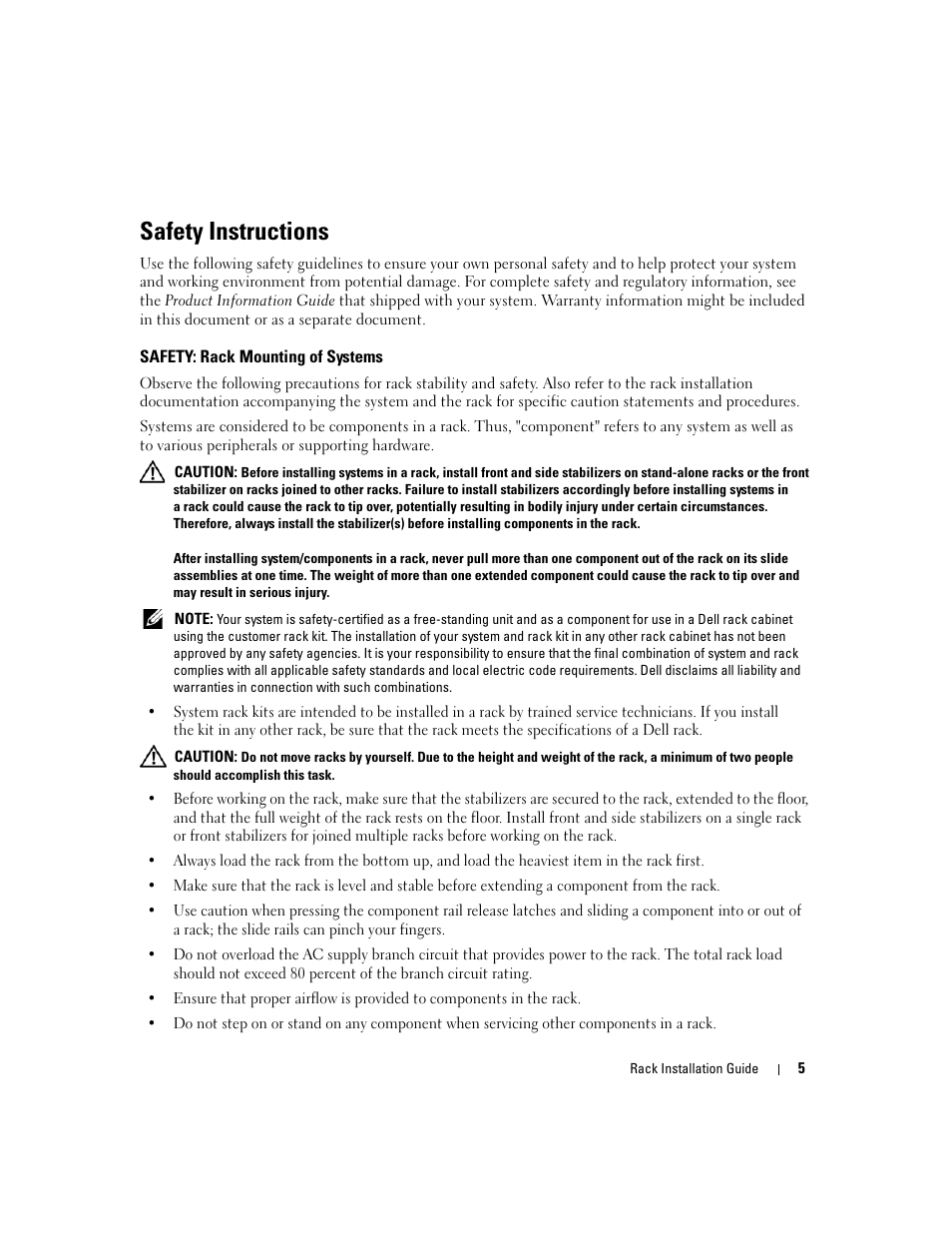 Safety instructions, Safety: rack mounting of systems | Dell POWEREDGE 2950 User Manual | Page 7 / 112