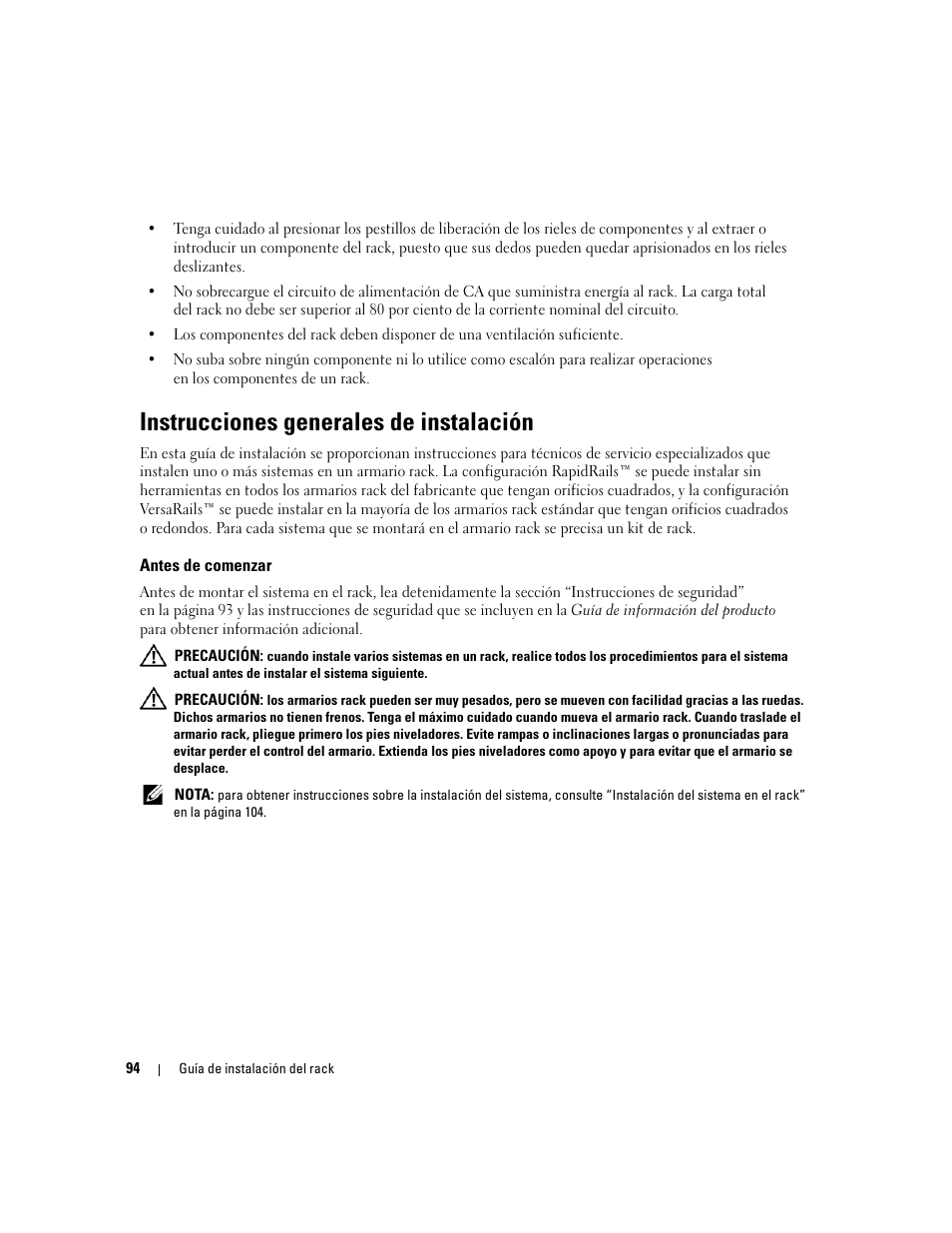 Instrucciones generales de instalación, Antes de comenzar | Dell POWEREDGE 2950 User Manual | Page 96 / 112