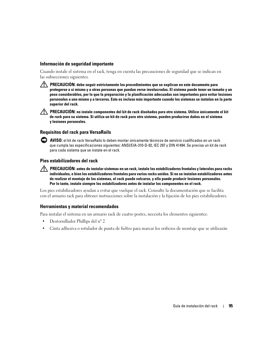 Información de seguridad importante, Requisitos del rack para versarails, Pies estabilizadores del rack | Herramientas y material recomendados | Dell POWEREDGE 2950 User Manual | Page 97 / 112