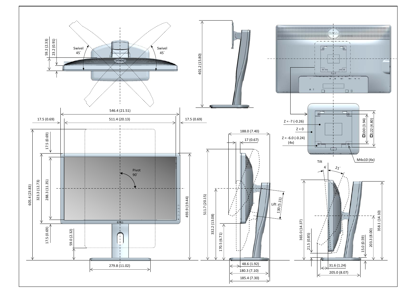 P2312h outline dimension | Dell P2212H Monitor User Manual | Page 2 / 2