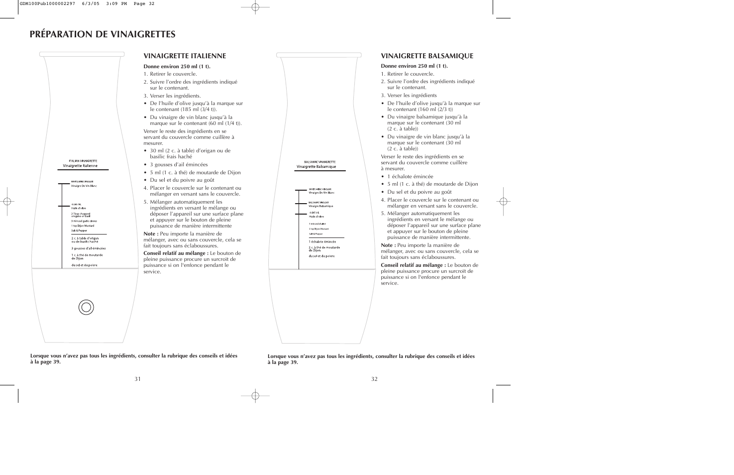 Préparation de vinaigrettes, Vinaigrette italienne, Vinaigrette balsamique | Black & Decker GDM100 User Manual | Page 17 / 23