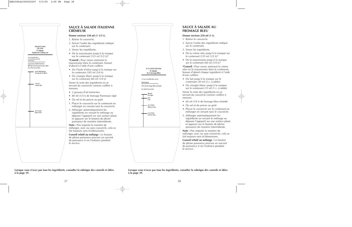 Sauce à salade italienne crémeuse, Sauce à salade au fromage bleu | Black & Decker GDM100 User Manual | Page 20 / 23