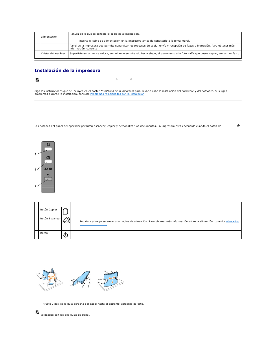 Instalación de la impresora, Uso del panel del operador, Carga del papel | Dell 810 All In One Inkjet Printer User Manual | Page 3 / 49