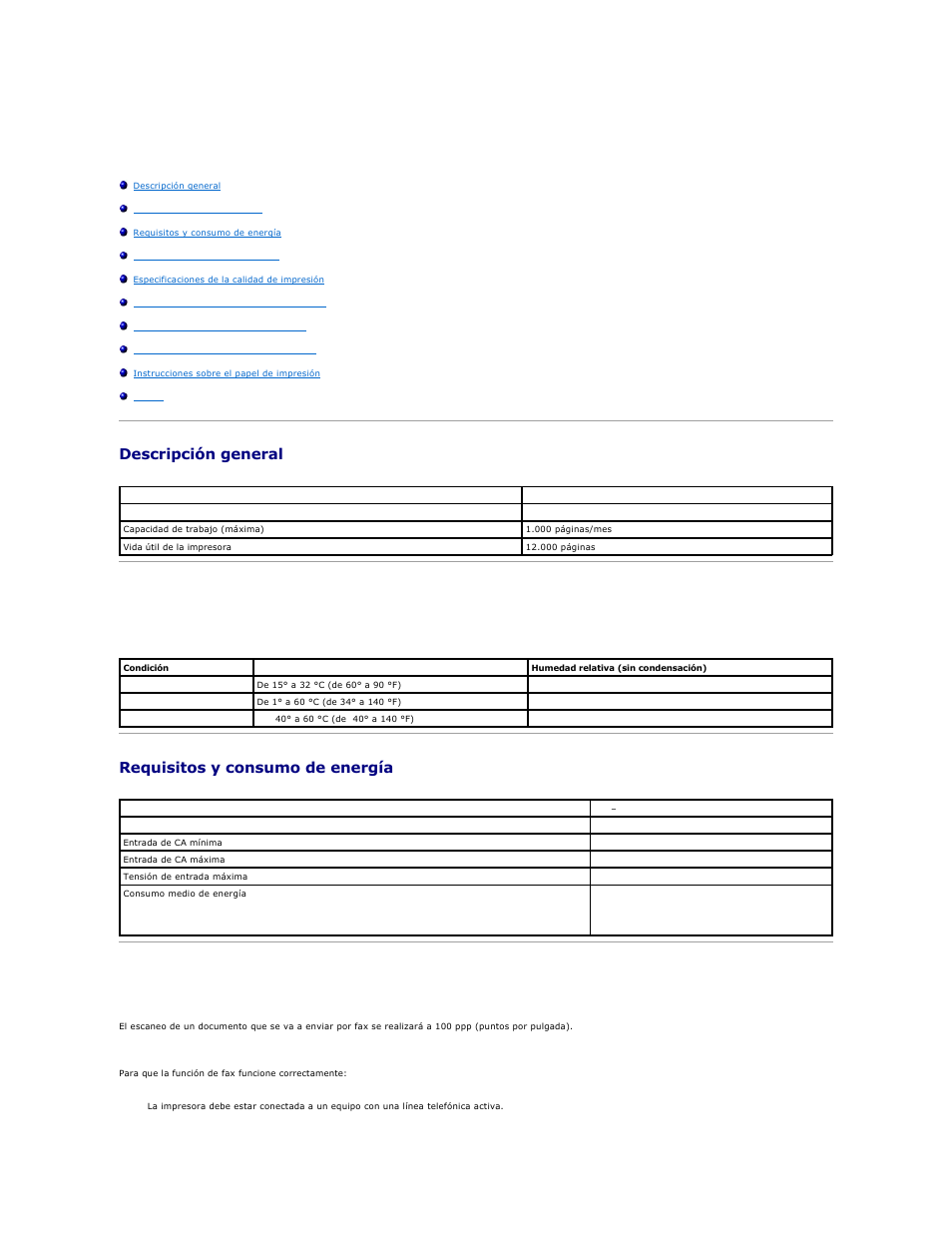 Especificaciones de la impresora, Descripción general, Especificaciones ambientales | Requisitos y consumo de energía, Especificaciones del modo de fax, Temperatura/humedad relativa | Dell 810 All In One Inkjet Printer User Manual | Page 43 / 49