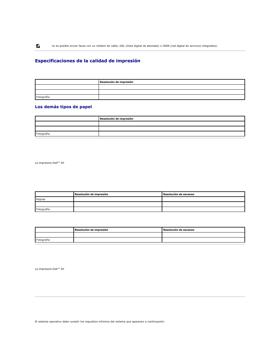 Especificaciones de la calidad de impresión, Especificaciones del modo copiar/escanear, Compatibilidad de sistemas operativos | Requisitos y especificaciones del sistema, Papel foto/brillante, Los demás tipos de papel, Especificaciones de la calidad de copia | Dell 810 All In One Inkjet Printer User Manual | Page 44 / 49