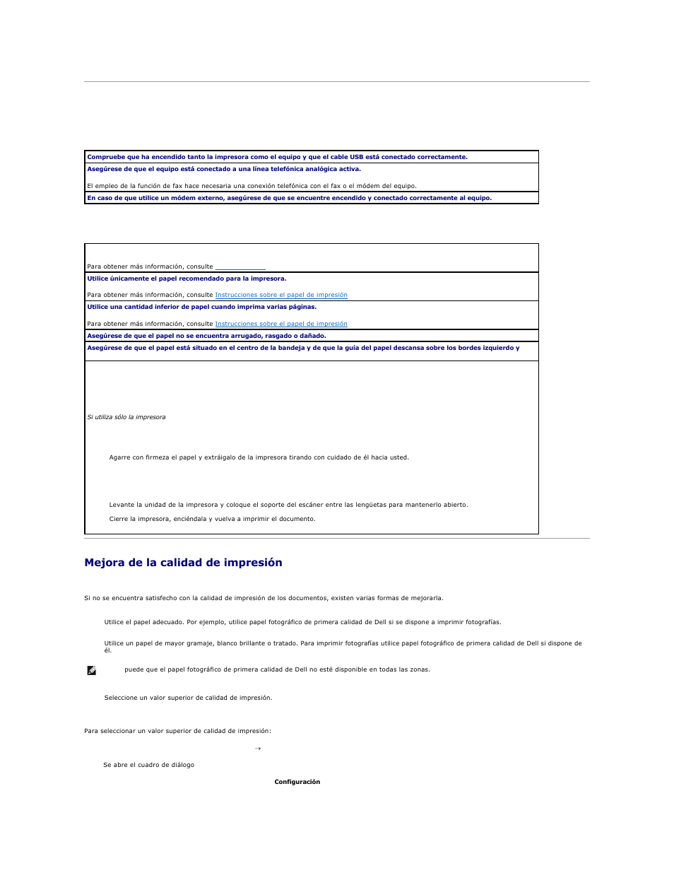 Problemas generales, Mejora de la calidad de impresión, Problemas relacionados con el fax | Problemas relacionados con el papel | Dell 810 All In One Inkjet Printer User Manual | Page 48 / 49