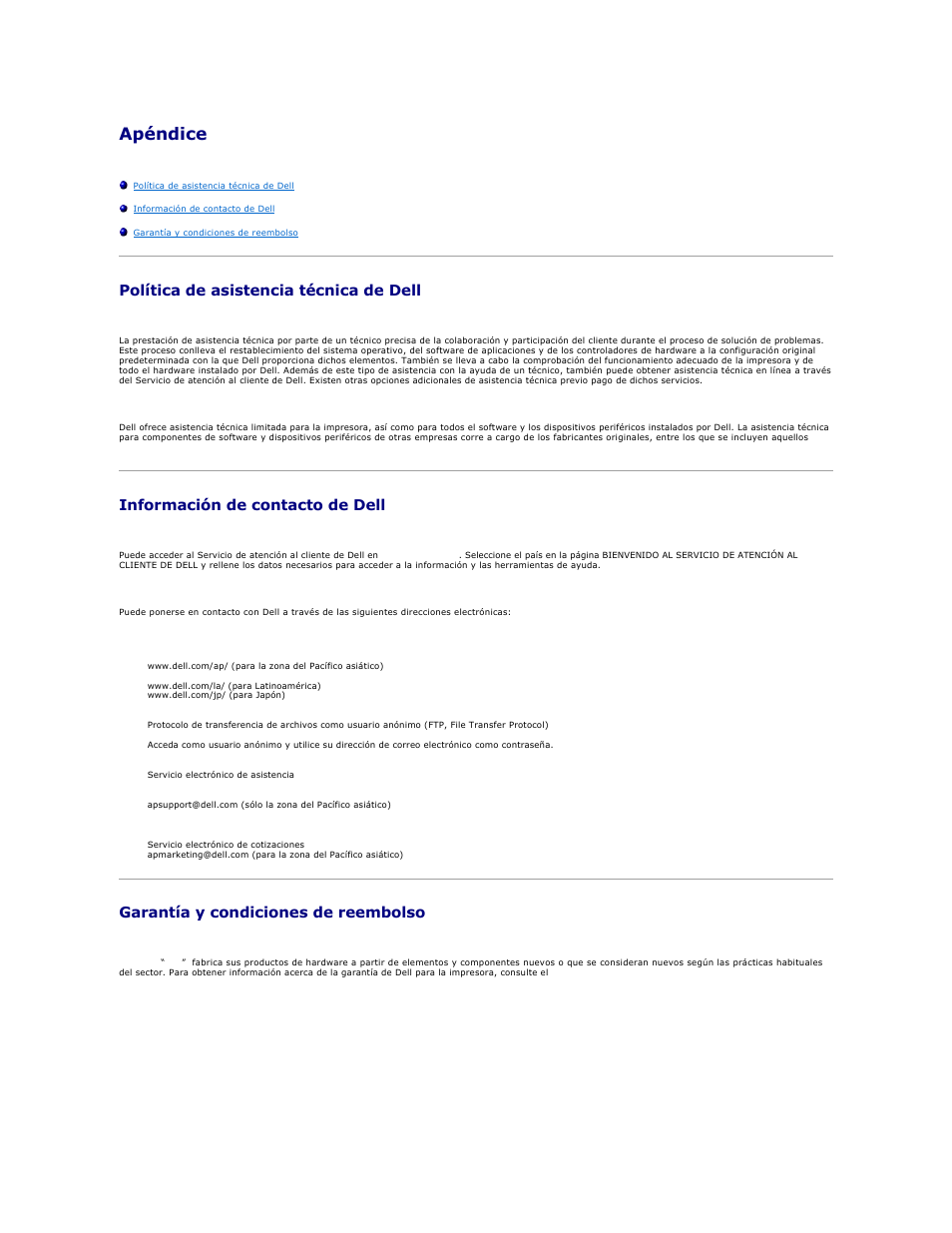 Apéndice, Política de asistencia técnica de dell, Información de contacto de dell | Garantía y condiciones de reembolso | Dell 810 All In One Inkjet Printer User Manual | Page 5 / 49