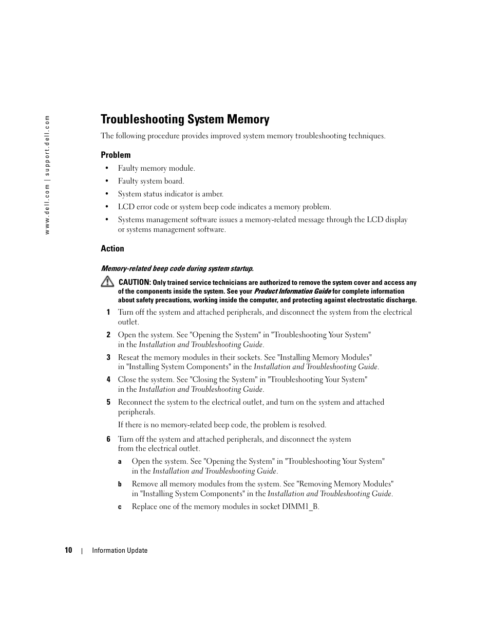 Troubleshooting system memory, Problem, Action | Dell PowerEdge 2850 User Manual | Page 12 / 96