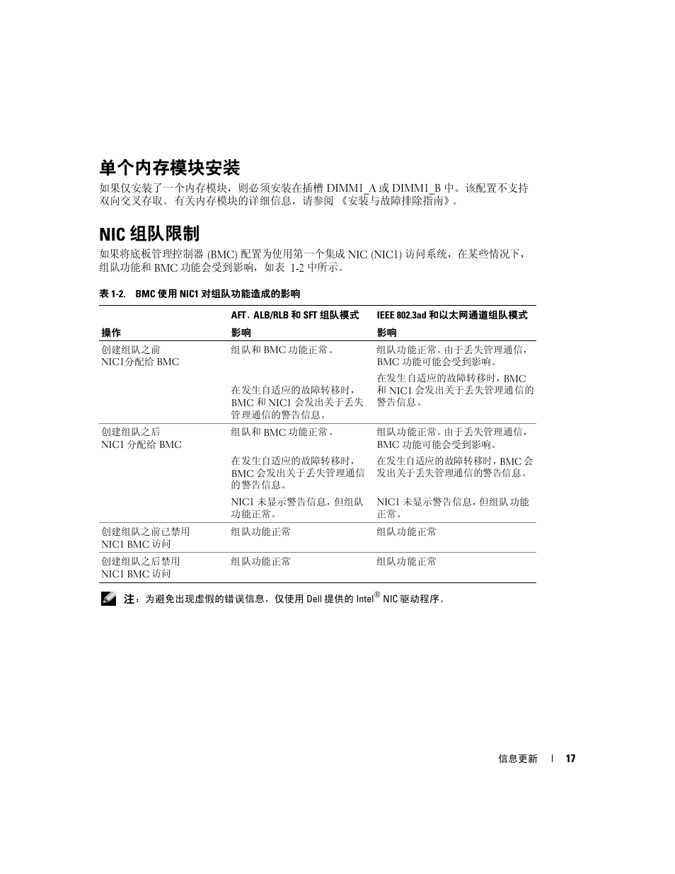 单个内存模块安装, Nic 组队限制 | Dell PowerEdge 2850 User Manual | Page 19 / 96