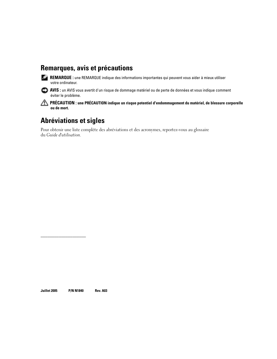 Remarques, avis et précautions, Abréviations et sigles | Dell PowerEdge 2850 User Manual | Page 28 / 96