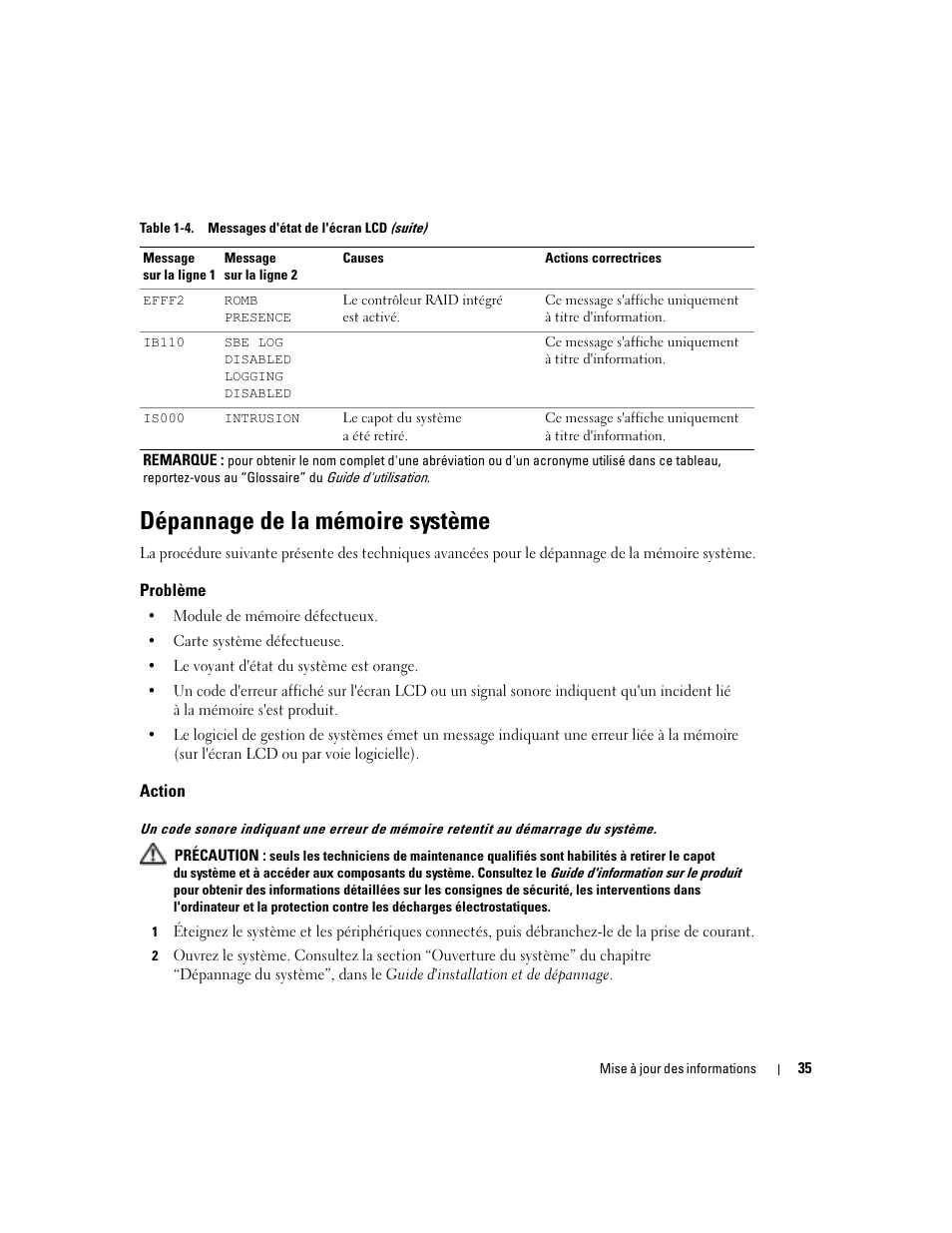 Dépannage de la mémoire système, Problème, Action | Dell PowerEdge 2850 User Manual | Page 37 / 96