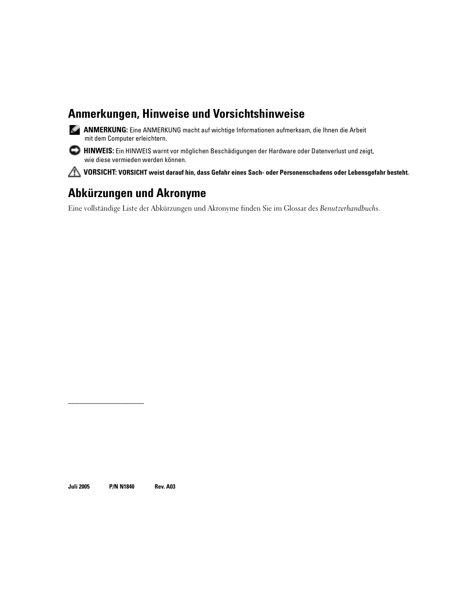 Anmerkungen, hinweise und vorsichtshinweise, Abkürzungen und akronyme | Dell PowerEdge 2850 User Manual | Page 42 / 96