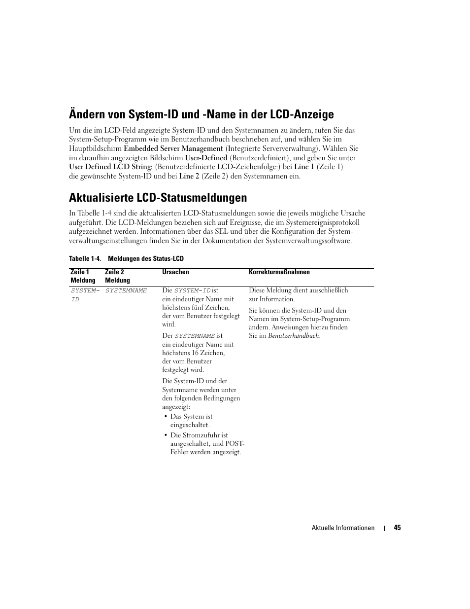 Ändern von system-id und -name in der lcd-anzeige, Aktualisierte lcd-statusmeldungen | Dell PowerEdge 2850 User Manual | Page 47 / 96