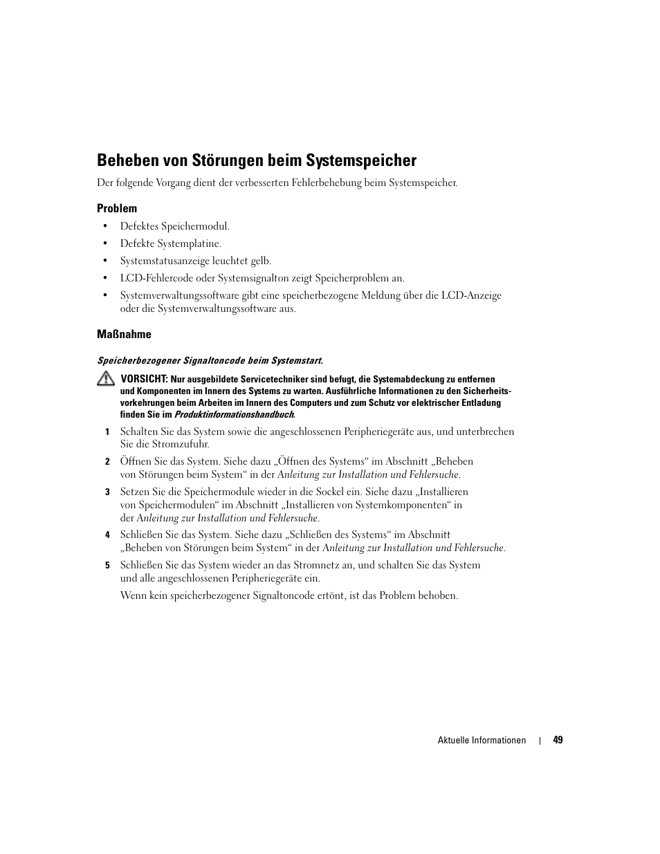 Beheben von störungen beim systemspeicher, Problem, Maßnahme | Dell PowerEdge 2850 User Manual | Page 51 / 96