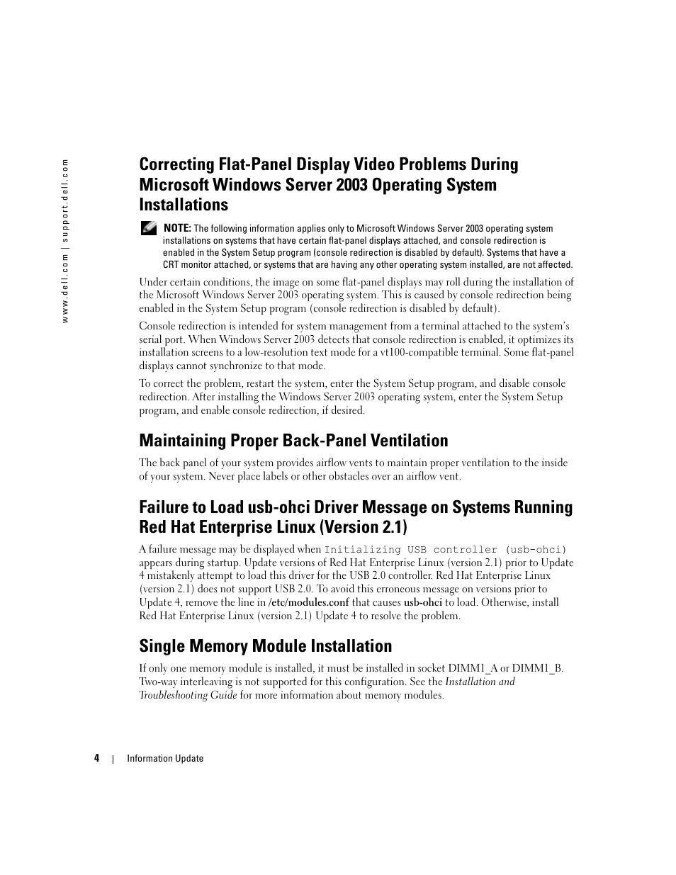 Maintaining proper back-panel ventilation, Single memory module installation | Dell PowerEdge 2850 User Manual | Page 6 / 96