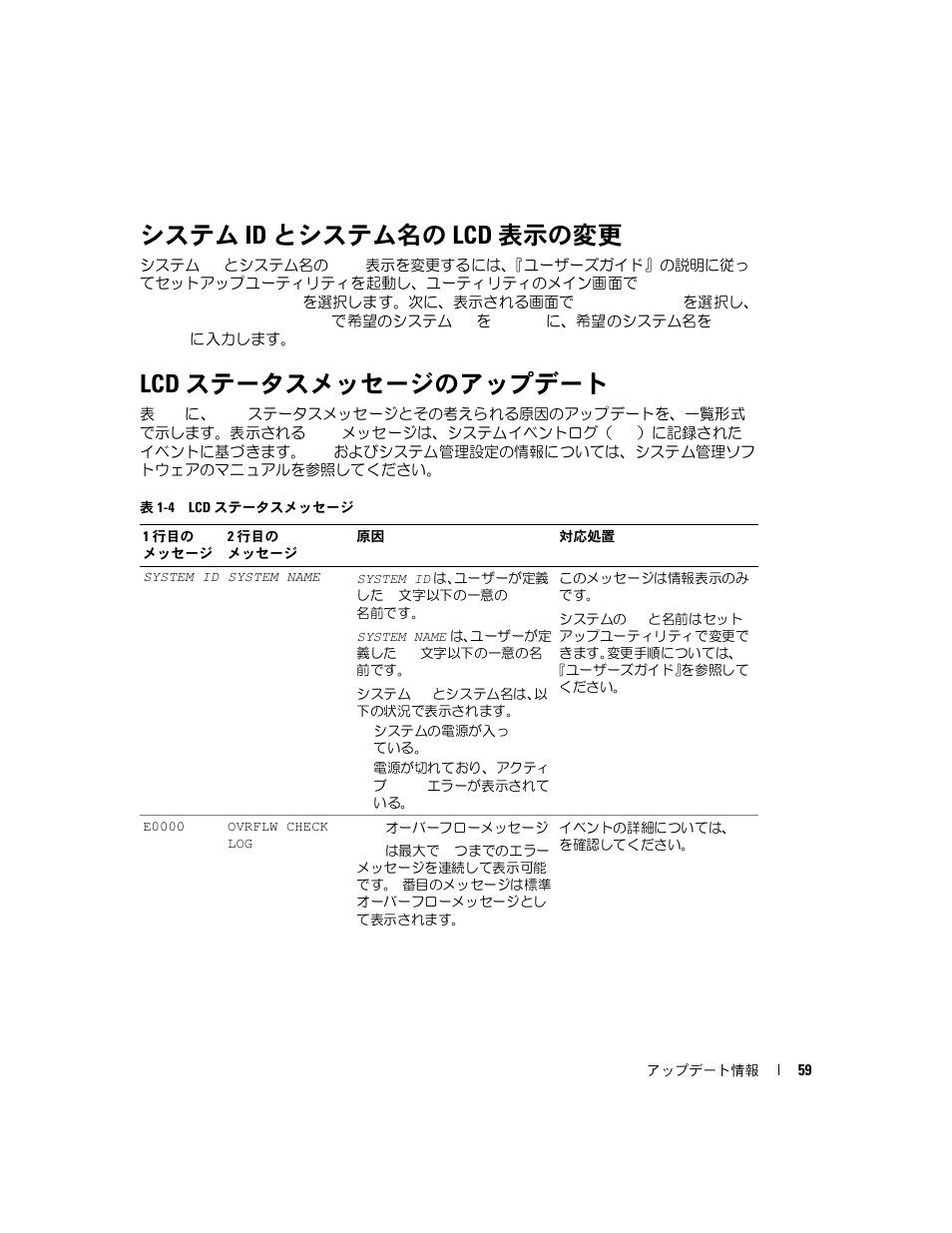 システム id とシステム名の lcd 表示の変更, Lcd ステータスメッセージのアップデート | Dell PowerEdge 2850 User Manual | Page 61 / 96