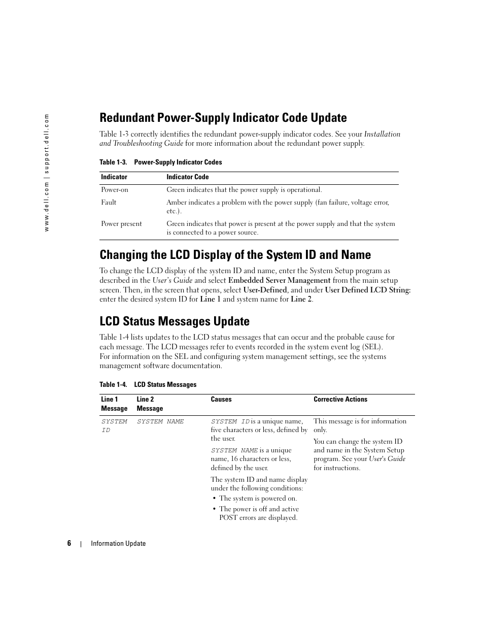 Redundant power-supply indicator code update, Changing the lcd display of the system id and name, Lcd status messages update | Dell PowerEdge 2850 User Manual | Page 8 / 96