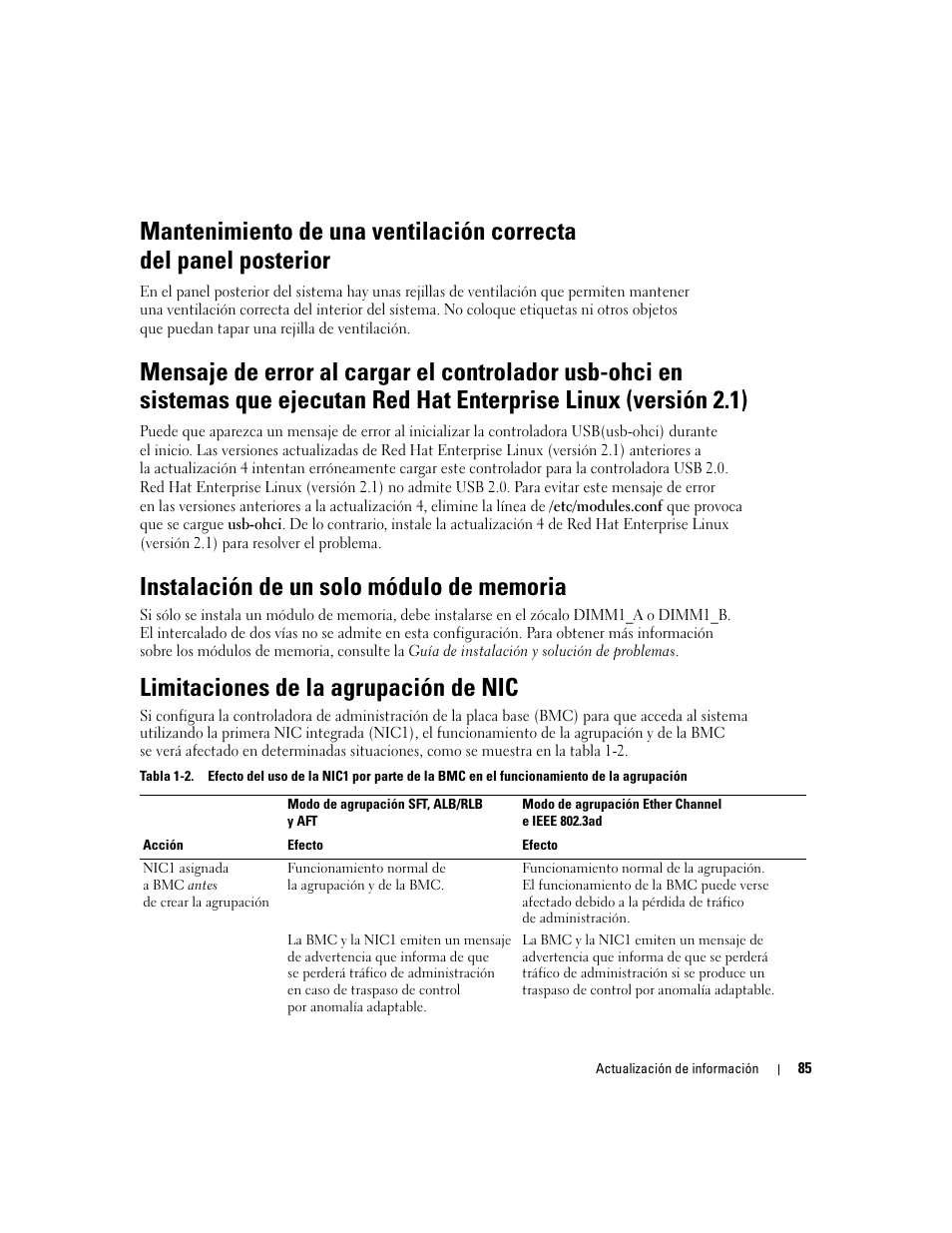 Instalación de un solo módulo de memoria, Limitaciones de la agrupación de nic | Dell PowerEdge 2850 User Manual | Page 87 / 96
