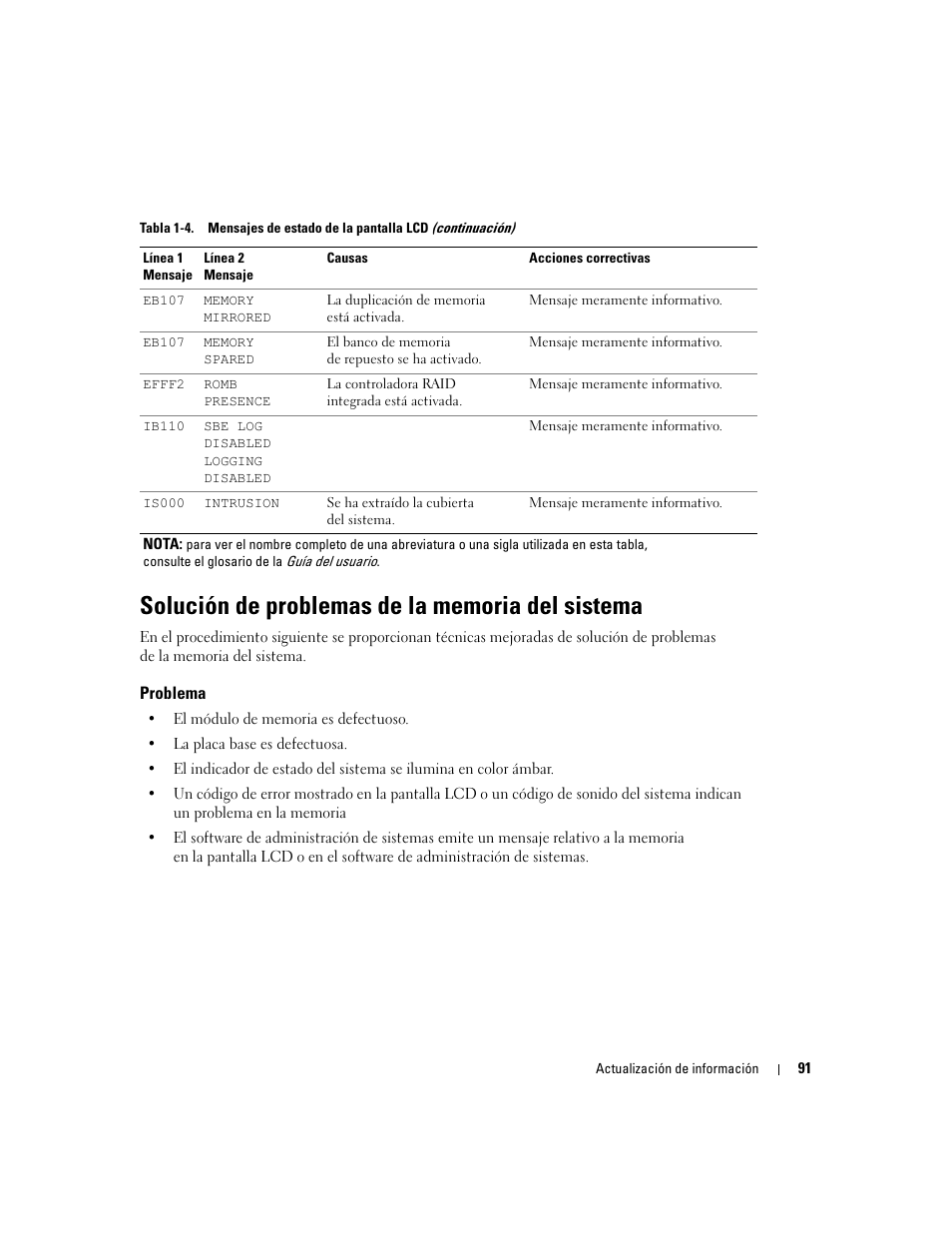 Solución de problemas de la memoria del sistema, Problema | Dell PowerEdge 2850 User Manual | Page 93 / 96