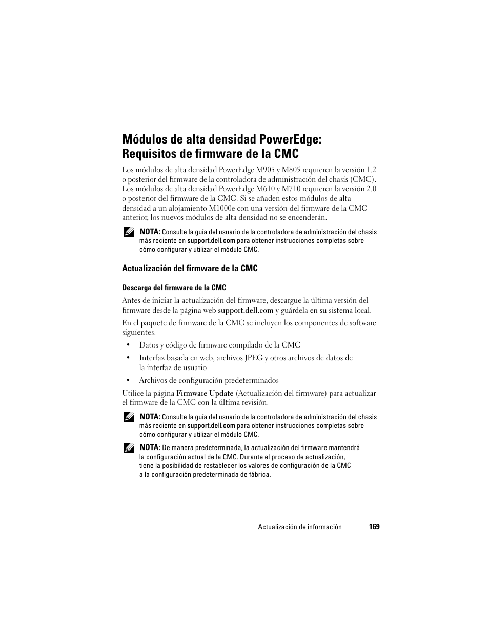 Actualización del firmware de la cmc | Dell PowerEdge M610 User Manual | Page 169 / 186