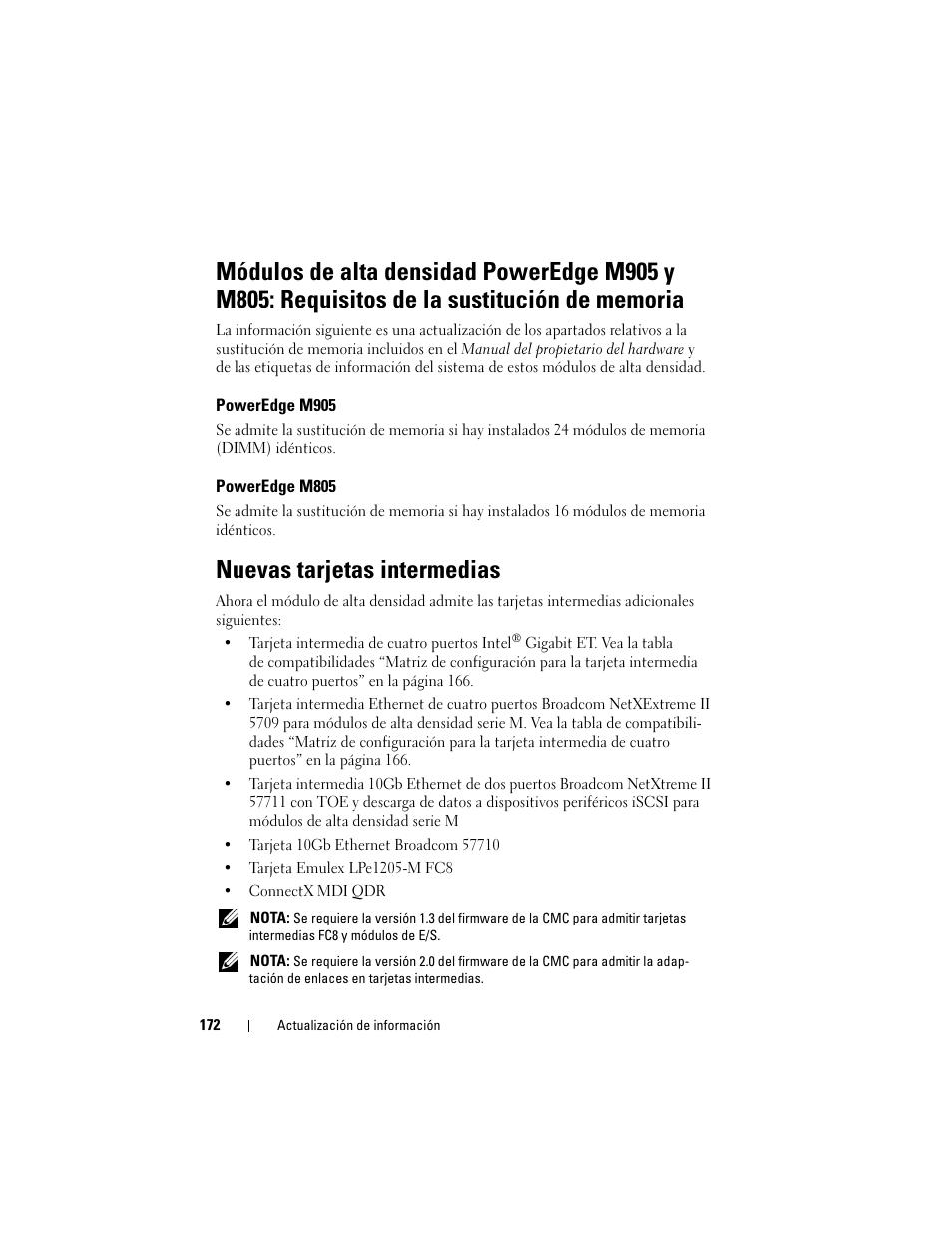 Poweredge m905, Poweredge m805, Nuevas tarjetas intermedias | Dell PowerEdge M610 User Manual | Page 172 / 186