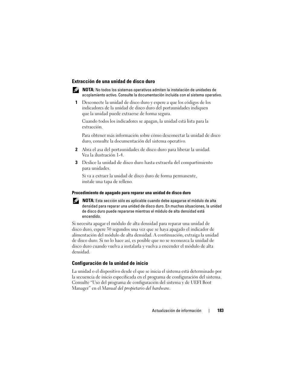 Extracción de una unidad de disco duro, Configuración de la unidad de inicio | Dell PowerEdge M610 User Manual | Page 183 / 186