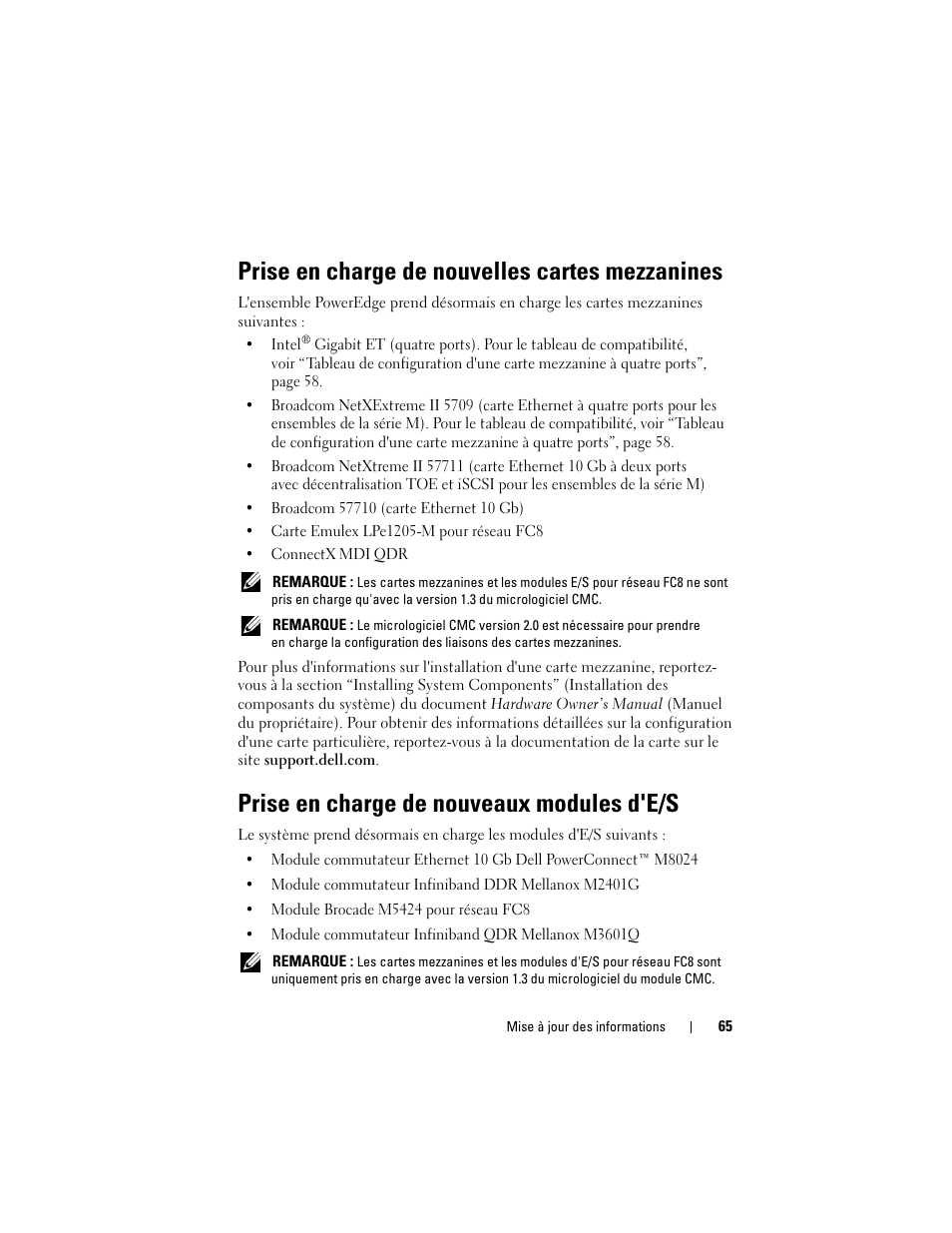 Prise en charge de nouvelles cartes mezzanines, Prise en charge de nouveaux modules d'e/s | Dell PowerEdge M610 User Manual | Page 65 / 186
