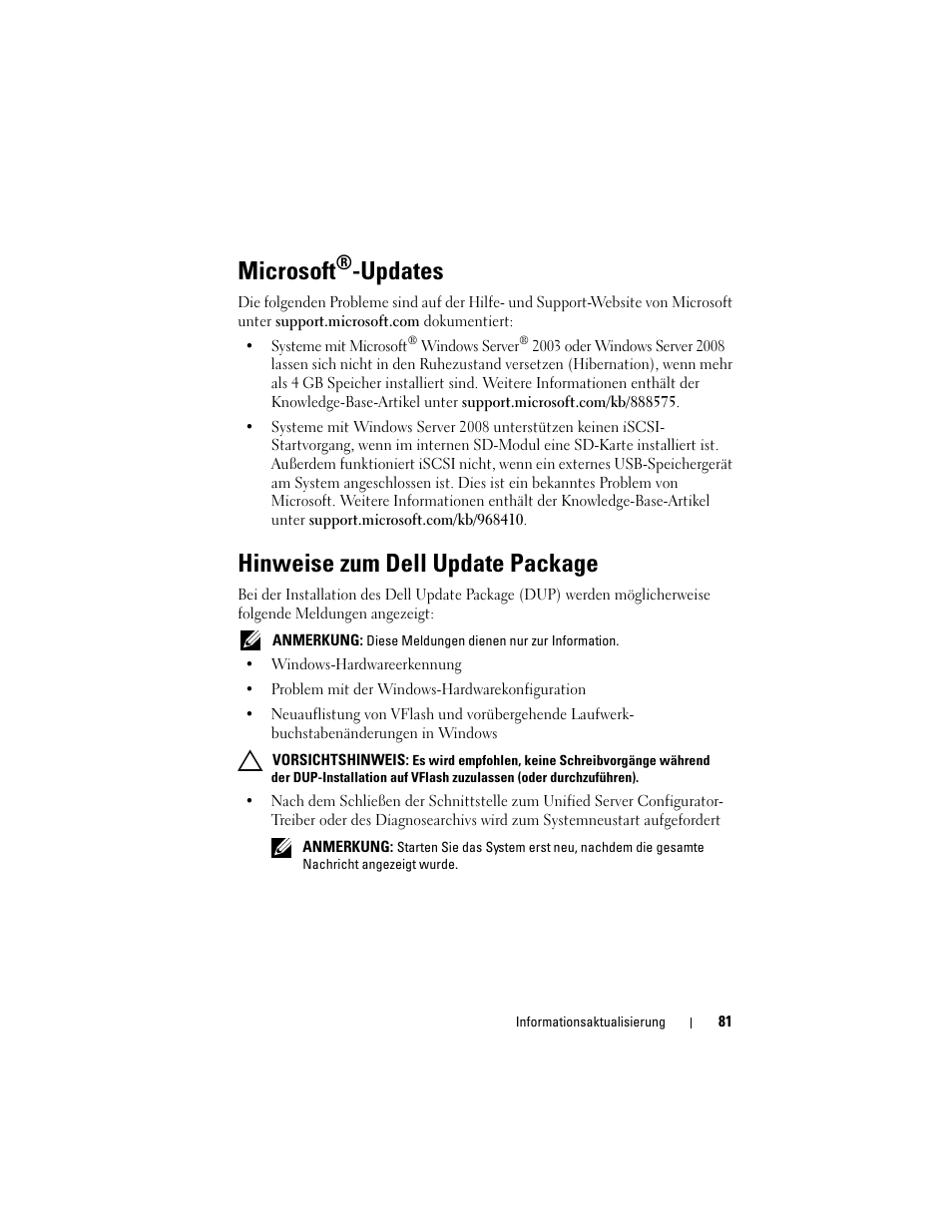 Microsoft®-updates, Hinweise zum dell update package, Microsoft | Updates | Dell PowerEdge M610 User Manual | Page 81 / 186