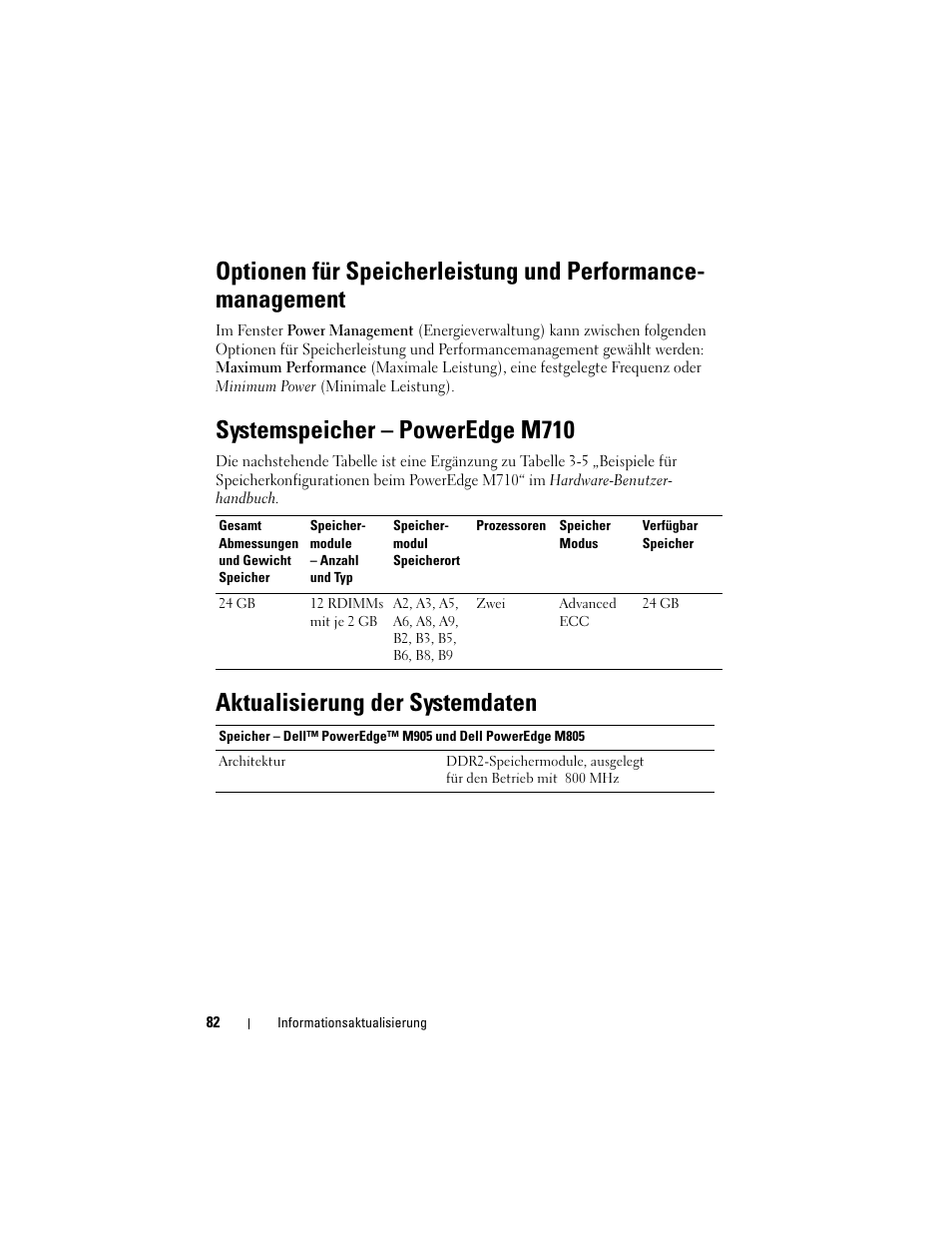 Systemspeicher - poweredge m710, Aktualisierung der systemdaten, Systemspeicher – poweredge m710 | Dell PowerEdge M610 User Manual | Page 82 / 186